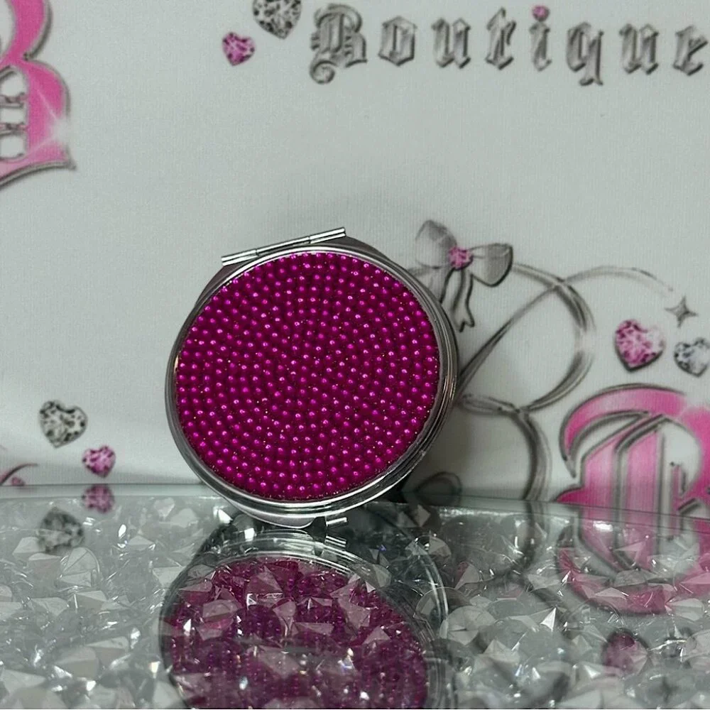 Mini mirror rhinestone bling pink bright Fuchsia Beaded Compact Mirror